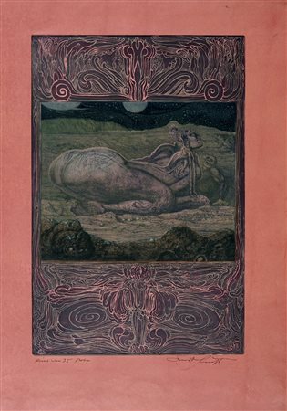 Ernst Fuchs, Sphinx Kallipygos. 1966. Acquaforte e acquatinta a colori su...