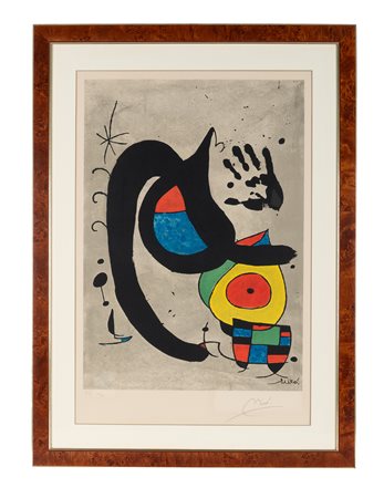 Joan Miró [after], Femme à l'oiseau. 1975. Litografia su fondo a...