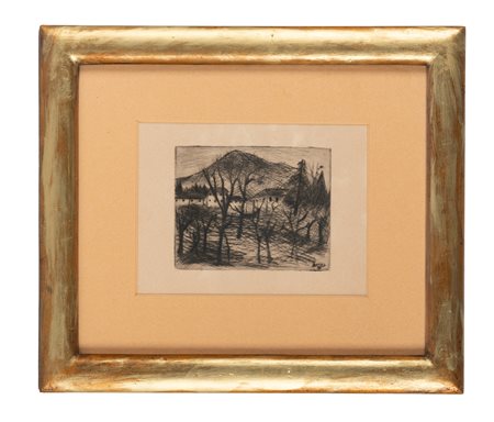 Ottone Rosai, Paesaggio. 1940. Acquaforte. mm 120x150. Foglio: mm 186x302....