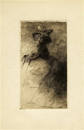 Lino Selvatico, Dama con cappello. Puntasecca. mm 175x95. Foglio: mm 275x185....