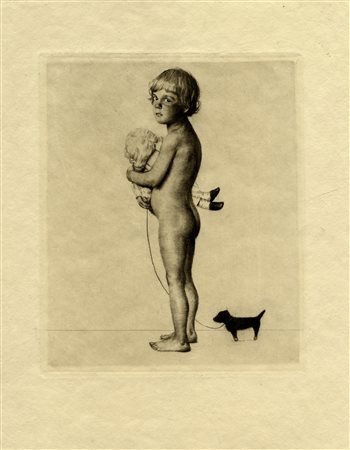 Joseph Uhl, Lotto composto di 2 incisioni. 1) Bambino con cane. Acquaforte e...