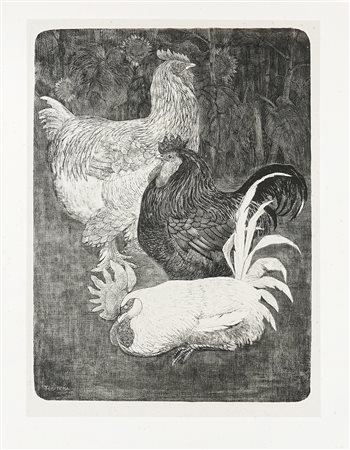 Theodoor Van Hoytema, Lotto composto di 2 incisioni. 1897. 1) Drie hanen (Tre...