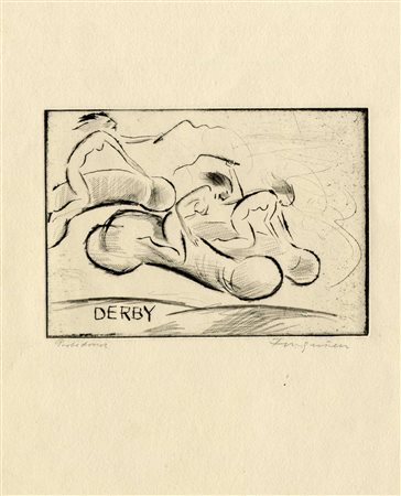 Michel Fingesten, Derby. Acquaforte. mm 100x140. Foglio: mm 247x200. Firma a...