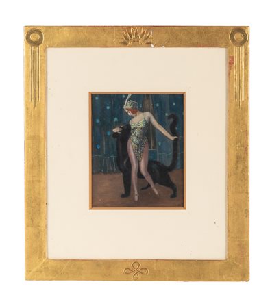 Anonimo dell'inizio del XX secolo, Soubrette con pantera. 1920 ca. Acquerelli...