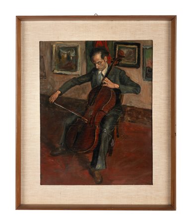 Giovanni Acci, Autoritratto mentre suona il violoncello. Olio su cartone. cm...