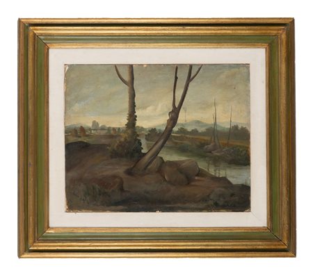 Pietro Annigoni, Paesaggio fluviale. Tempera su cartone. cm 39,2x49,2. "P....