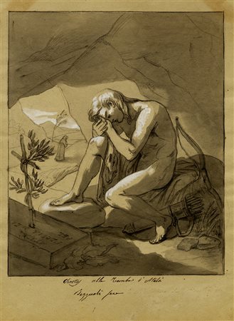 Giuseppe Bezzuoli, Alla tomba d'Atala. Matita, penna e inchiostro di china e...