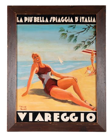 Uberto Bonetti, Viareggio, la più bella spiaggia d'Italia. Olio su cartone....