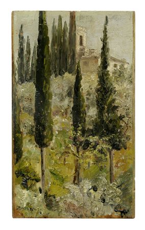 Odoardo Borrani, Paesaggio con cipressi. 1895. Olio su tavoletta. cm...