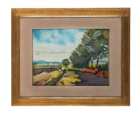 Giuseppe Bozzalla, Sentiero con figure. Olio su tavoletta. cm 18x24. Firmato...