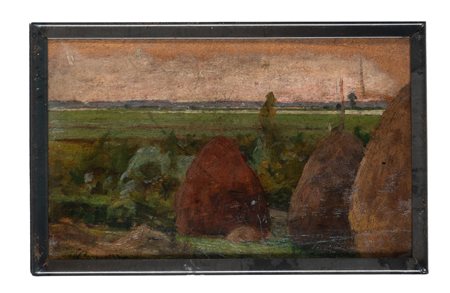 Niccolò Cannicci [attribuito a], Covoni. Olio su tavoletta. cm 135,5x22....