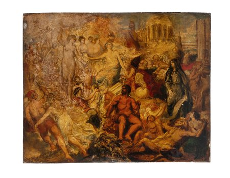 Henry De Groux [attribuito a], Scena allegorica. Olio su cartone applicato a...