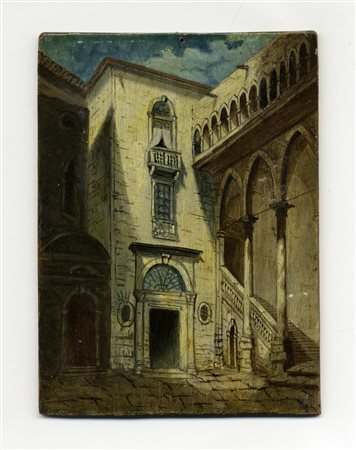 Mario De Maria, Casetta. Olio su tavoletta. cm 17x12,7. Al verso: Etichetta...