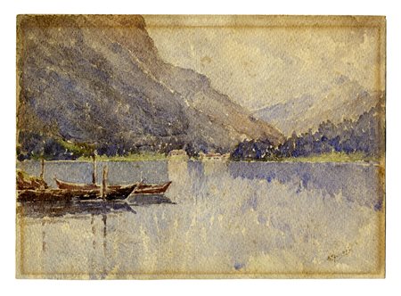 Egisto Ferroni, Lago con barche. Acquerelli su carta greve. mm 245x340. Firma...