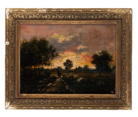 Antonio Fontanesi [attribuito a], Paesaggio con figura e tramonto. Olio su...