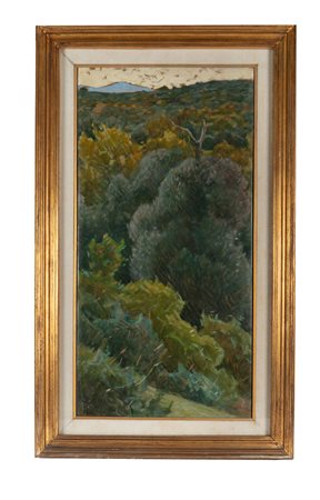 Luigi Gioli, Paesaggio boschivo. Olio su tela. cm 101,5x49,5. Firma in basso...