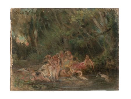 Michele Gordigiani, Ninfe su specchio d'acqua. Olio su tela. cm 30x39,5....