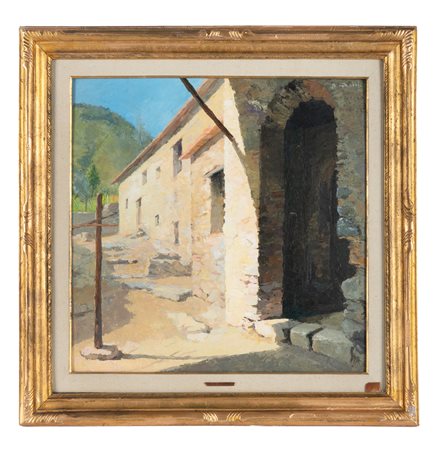 Alfonso Grassi, Il sole alle cortine. Olio su tavola. cm 50x50. Firma in alto...