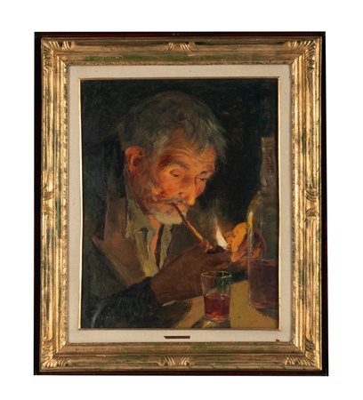 Alfonso Grassi, La pipa. Olio su tela. cm 51x40,5. Firma in basso a sinistra....