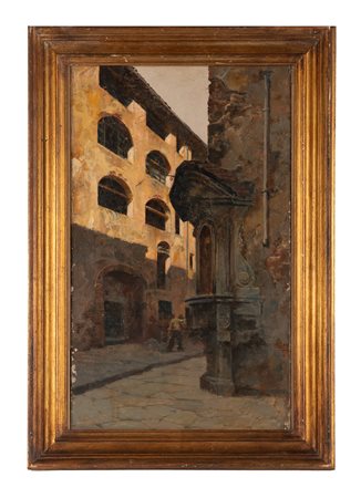 Alphons Hollaender, Via delle Conce a Firenze. Olio su tela. cm 65,8x39,1. Al...
