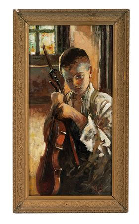 Vincenzo Irolli, Giovane musicista. Olio su cartoncino. cm 52x26. Firmato in...