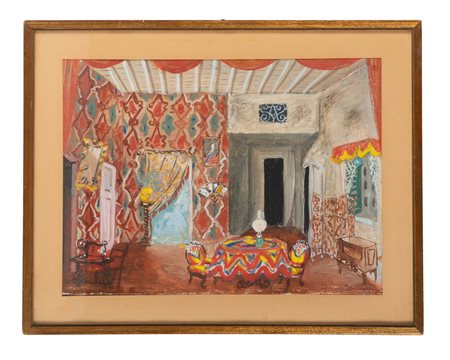 Angelo Maria Landi, Bozzetto scenografico. Tempera su cartone. cm 37x49....