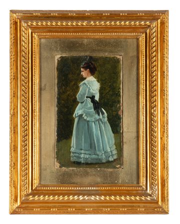 Silvestro Lega [attribuito a], Signora in celeste. Olio su tela. cm...