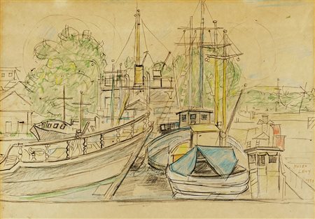 Moses Levy, La Darsena a Viareggio. 1958. Matita e pastelli colorati su...