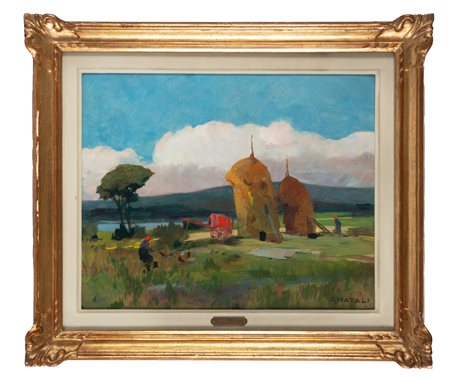 Renato Natali, Campagna. Olio su tavola. cm 40x50,5. Firma in basso a destra....