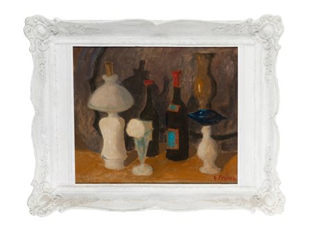 Guido Peyron, Natura morta con camelia bianca. Olio su tela. cm 50x60. Firma...