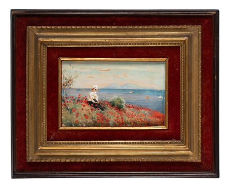 Attilio Pratella, Dama in bianco su campo di papaveri rossi. Acquerelli con...