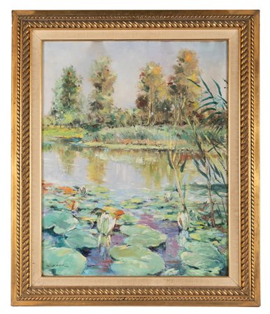 Rudi Zink, Lago con fiori di loto. Olio su cartone telato. cm 67,5x54....