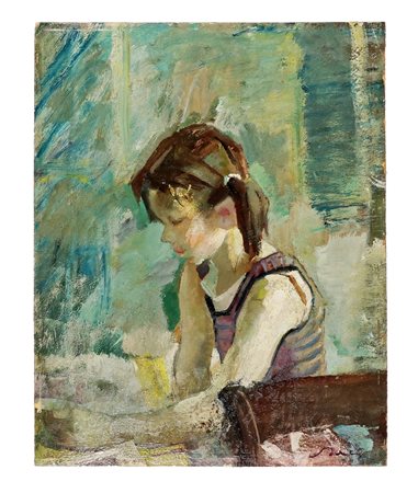 Giulio Salti, Bozzetto per La piccola studiosa. Olio su cartone. cm 50x40....