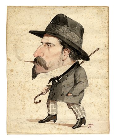 Telemaco Signorini, Figura caricaturale. Matita e acquerelli su carta. mm...