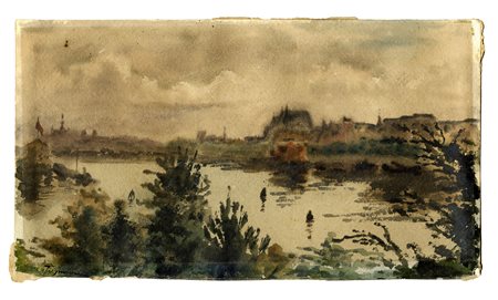 Telemaco Signorini, Paesaggio inglese. Acquerelli su carta greve. mm 200x356....