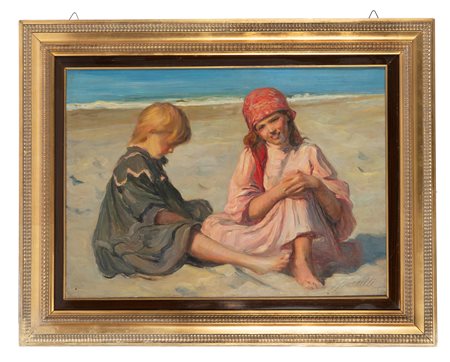 Gaetano Spinelli, Bimbe sulla spiaggia. Olio su tela. cm 61,5x86. Firma a...
