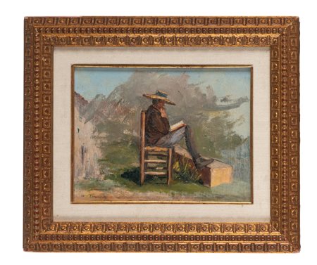 Andrea Tavernier, Uomo con cappello di paglia che legge. Olio su cartone. cm...