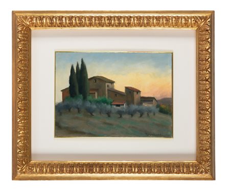 Nino Tirinnanzi, Paesaggio al tramonto. 1970-71. Olio su tela cartonata.cm...