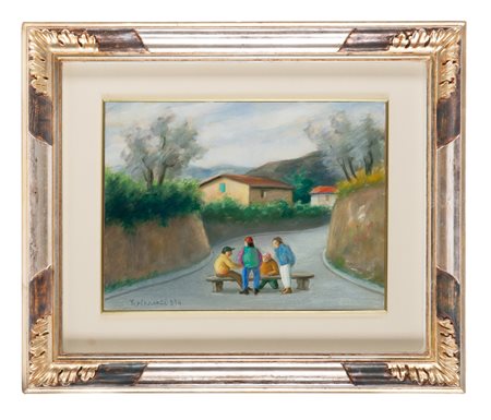 Nino Tirinnanzi, Giochi nella strada. 1994. Olio su cartone. cm 28x38. Firma...