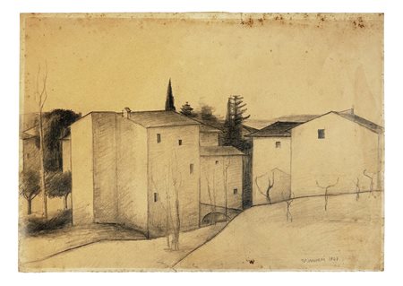 Nino Tirinnanzi, Case toscane. 1947. Matita su carta. mm 350x500. Firma e...