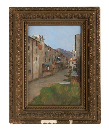Adolfo Tommasi, Case. Olio su cartone. cm 40x26. Firma in basso a destra....