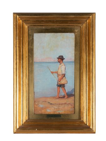 Angiolo Tommasi, Pescatore. Olio su tavola. cm 33x14. Firma in basso a...