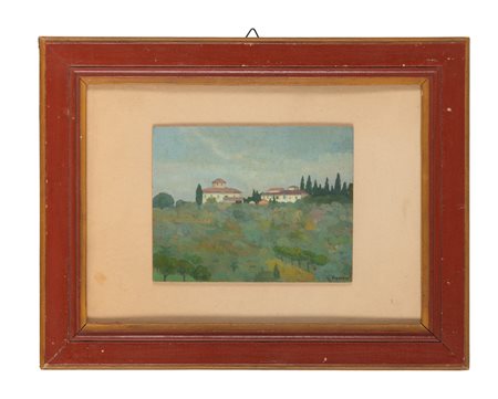 Vicodemo (detto Memo) Vagaggini, Paesaggio con case. Olio su tavoletta. cm...