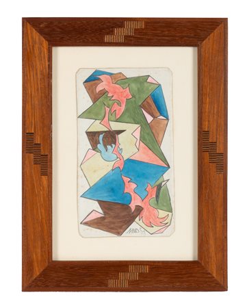 Nino Caliari, L'usignolo sul pesco. 1919. Acquerello su cartoncino. mm...