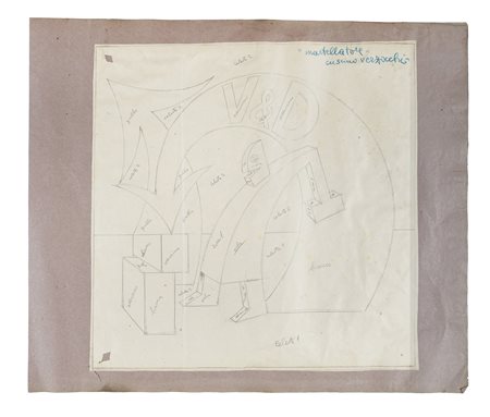 Fortunato Depero, Martellatore Cuscino Verzocchi. 1924. Matita e pastello blu...