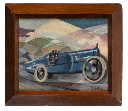 Dario Di Gese, Automobile blu in corsa. Anni '30 del XX secolo. Olio su tela....