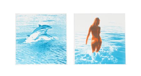 Mimmo Rotella, Donna e Delfini. Piastrelle in ceramica policroma, cm....