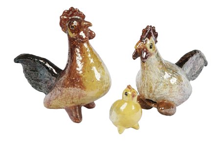 Carlo Sbisà, Gallina, gallo e pulcino. 1950 ca. Trittico di ceramiche...
