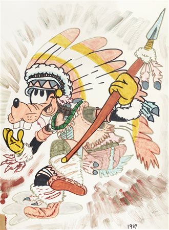 Ronnie Cutrone, Pippo vestito da Indiano. 1989 (?). Matita, pennarello e...