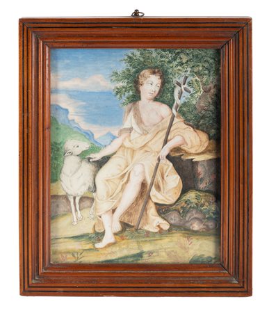 Anonimo del XVII secolo, San Giovannino. Tempera a colori su pergamena. mm...